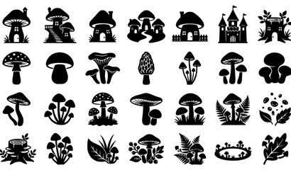 Obraz premium Mushroom House Silhouette and Forest Mushroom Vector Icon Set