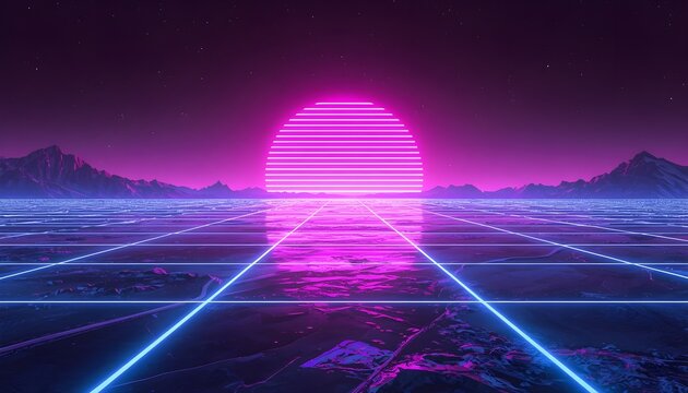 Retro synthwave landscape with glowing sun. 80s neon digital horizon with laser grid background.