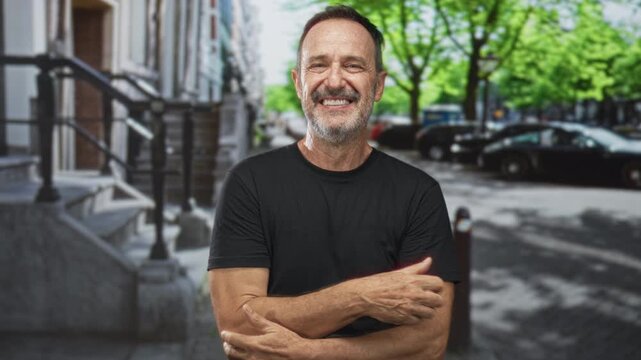 Man giving thumbs up with hand on arm, smiling on a city street stoop beside parked cars and leafy trees; confidence trust.