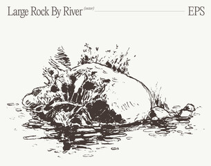River Bank With Large Rock And Bushes, Hand Drawn Vintage Sketch Illustration © TheMountBirdStudio