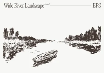Wide River Landscape With Rowboat In Foreground, Hand Drawn Sketch Illustration © TheMountBirdStudio