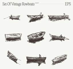 Set Of Vintage Rowboats With Rowers On Calm Water, Hand Drawn Sketch Collection For Nautical Design © TheMountBirdStudio