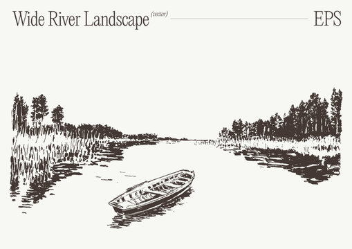 Wide River Landscape With Rowboat In Foreground, Hand Drawn Sketch Illustration