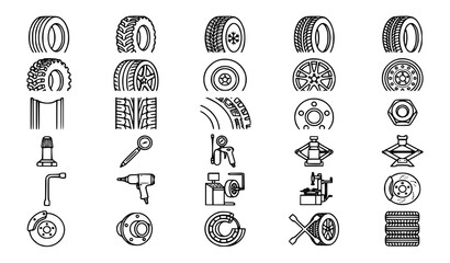 Premium car tires wheels and automotive service line icons set © MDSUJON