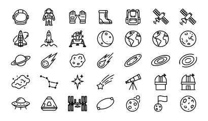 Premium space exploration and astronomy line icons set © MDSUJON
