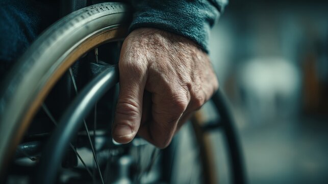 Elderly Hand Gripping Wheelchair Wheel In Closeup