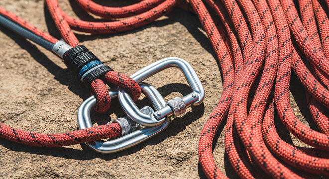 Red Climbing Rope and Silver Carabiners on Sandy Rock