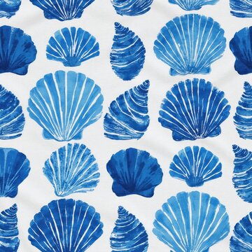 Seamless pattern with blue seashell illustrations on white background. Hand drawn block print motif for coastal home decor style. Decorative textile design with ocean sea life elements for summer