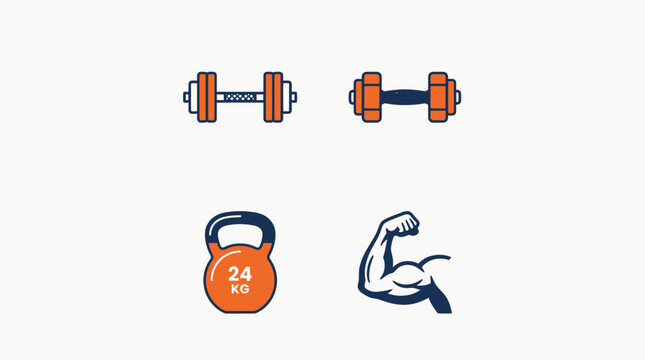 A modern flat design vector illustration featuring a cohesive set of strength sport icons, including a barbell, dumbbell, kettlebell, and a flexing bicep, perfect for fitness applications or corporate