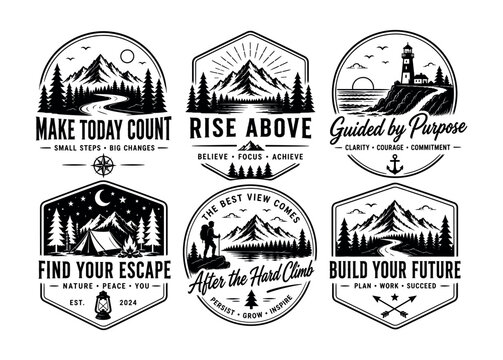 Collection of vintage outdoor adventure badges with motivational quotes