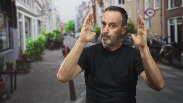 Man with raised hands and palms visible, startled expression wearing a black tshirt on a cobblestone street lined with bicycles and brick buildings; surprise caution.