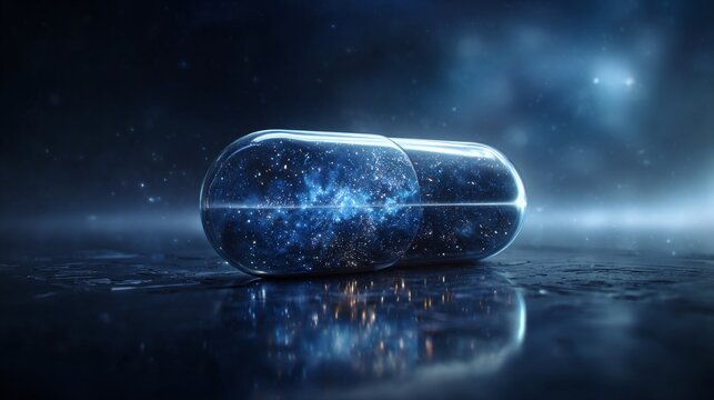 Star Filled Pharmaceutical Capsule with Celestial Universe Abstract Illustration