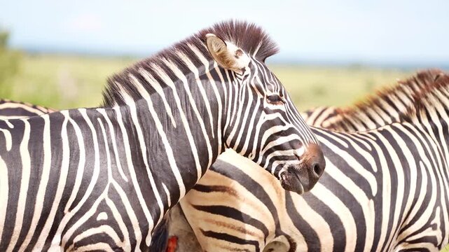 Closeup of a plains zebra while yawning with the rest of the herd standing in the background, Kruger National Park, South Africa.