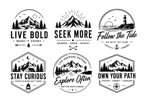 Inspirational outdoor adventure badges with mountains, trees, and motivational phrases