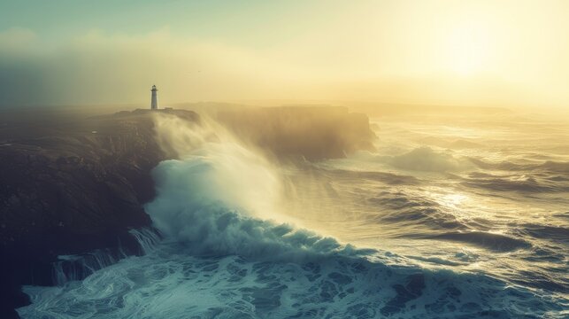 Storm Waves Crashing Against Rocky Coastline at Lighthouse Sunrise
