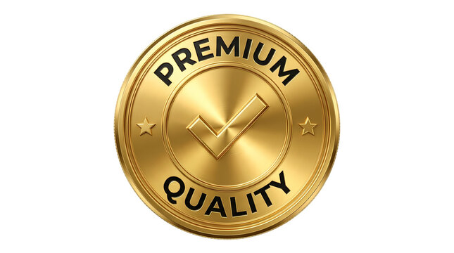 Gold premium quality badge with centered checkmark as isolated element