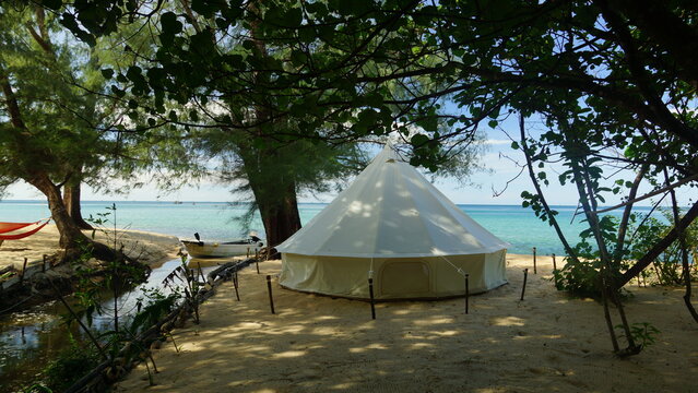 Luxury glamping bell tent on the sandy beach of Koh Rong Sanloem island, Cambodia