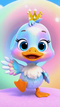 Un adorable Pato de estilo caricatura, con plumas coloridas y ojos grandes, de pie sobre una plataforma de tonos pastel suaves frente a un fondo degradado de ensue&ntilde;o.