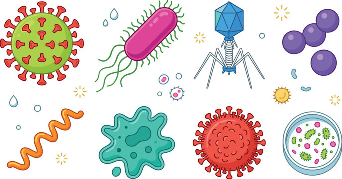 Microbiology and Bacteria Vector Icon Set with Virus Cells, Bacteriophage, Amoeba, Petri Dish, Rod-Shaped Microorganisms, and Pathogen Symbols for Science and Medical Designs