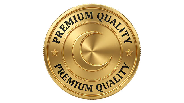 Golden premium quality seal with crescent moon as transparent PNG