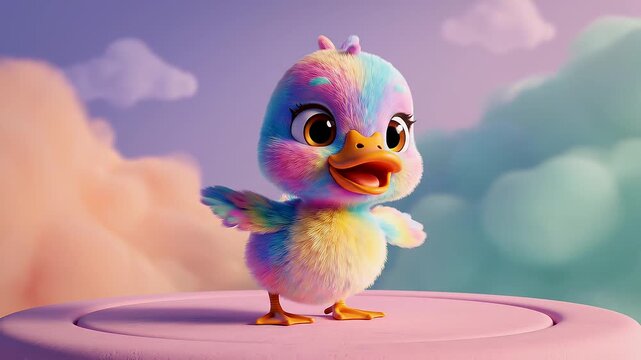 Un adorable Pato de estilo caricatura, con plumas coloridas y ojos grandes, de pie sobre una plataforma de tonos pastel suaves frente a un fondo degradado de ensue&ntilde;o.