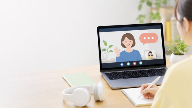 ノートを取りながらオンライン授業を受ける子どもとコピースペース