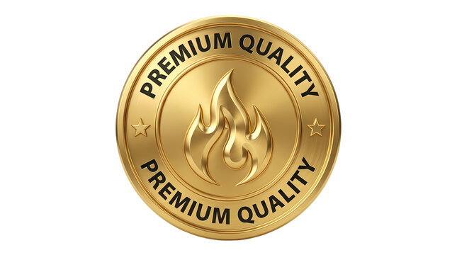 Golden premium quality badge with fire flame as transparent cutout