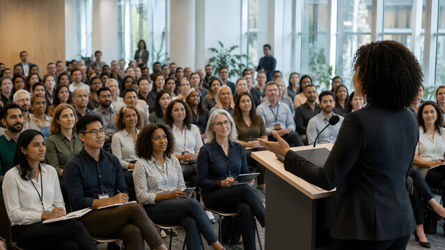Diverse team at department town hall meeting