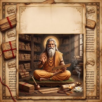 Ancient vedic scholar meditating in a library of traditional palm leaf manuscripts