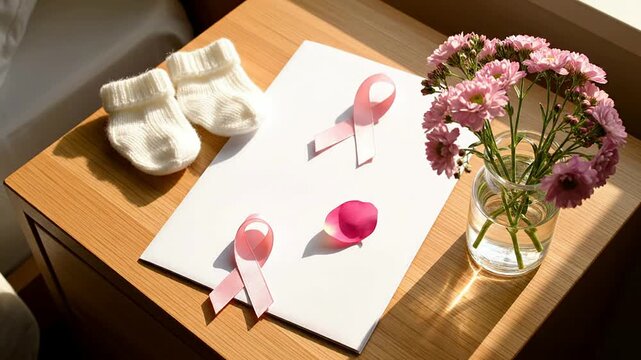 Serene Setup Featuring White Baby Socks, Pink Ribbons, And Flowers Symbolizing Fertility And Support After Cancer