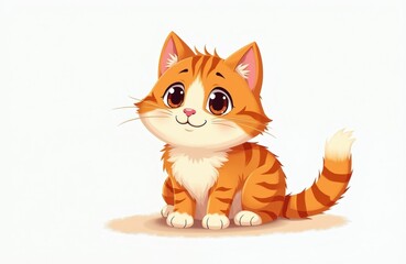 Fototapeta premium Cute orange tabby kitten sits on clean white background. Small fluffy cat with big eyes smiles happily. Friendly cartoon animal character stays calm. Beautiful domestic pet with striped fur tail