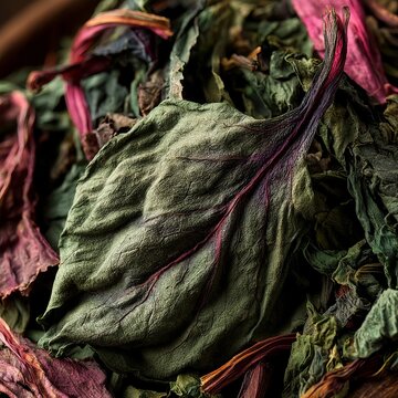 Close up Macro Organic Dried Spinach and Chard Vegetable Leaves Textured Food Background Material