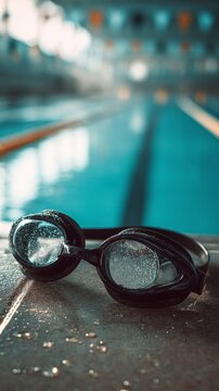 Wet Swim Goggles Resting Near Bright Competitive Swimming Pool