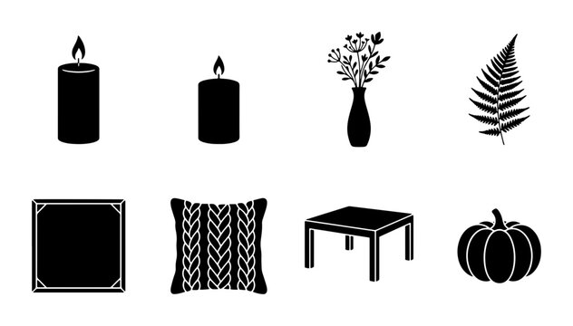 Cozy Autumn Decor Icons: Candles, Pumpkin, Vase, Pillow, Table, Fern, Frame