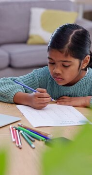 Girl, child and thinking in house with homework, education and writing answer for math assessment. Kid, problem solving and school task in living room for numeracy practice, learning and knowledge.