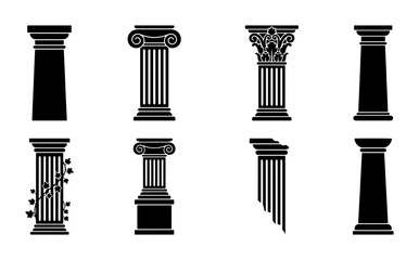 Fototapeta premium Classical Architectural Columns, Ancient Greek Roman Pillars, Decorative Building Elements, Set of 8 Vector Icons