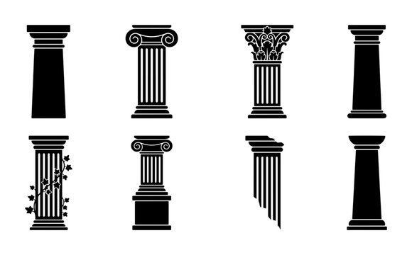 Classical Architectural Columns, Ancient Greek Roman Pillars, Decorative Building Elements, Set of 8 Vector Icons