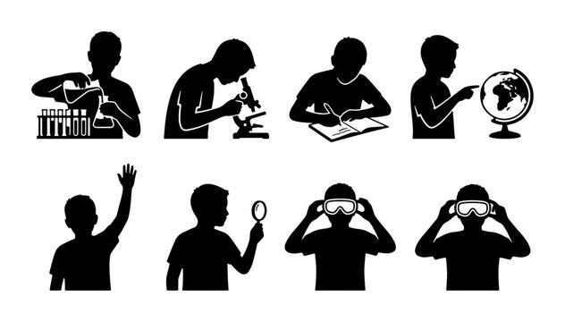 Childhood Science Exploration Icons, Education Discovery Silhouettes, Learning Virtual Reality Graphics