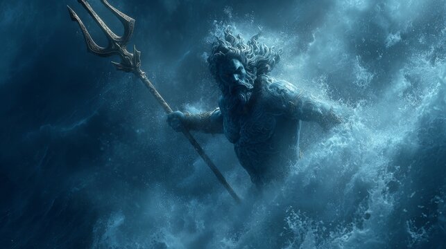Ancient Ocean Deity with Trident Emerging from Turbulent Water