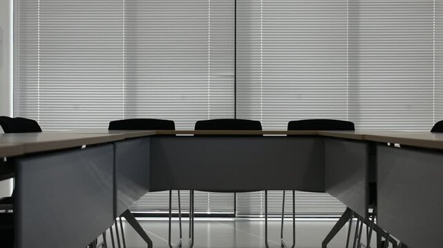 Empty Conference Room with Window Blinds and Meeting Table Interior