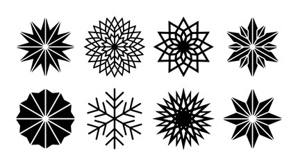 Obraz premium Geometric Snowflake Icons, Winter Vector Ornaments, Festive Cold Weather Symbols, Black and White Design Elements