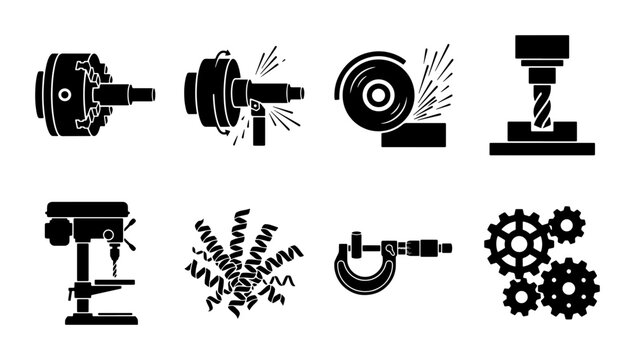 Industrial Machinery Icons Set: Lathe, Grinder, Drill Press, Micrometer, Gears