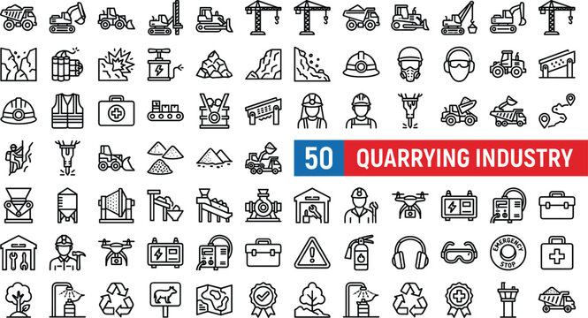 Quarrying industry line icon set with mining equipment heavy machinery construction tools and extraction engineering symbols