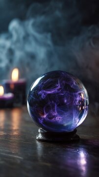 Mystical Purple Crystal Ball with Ethereal Smoke and Candlelight