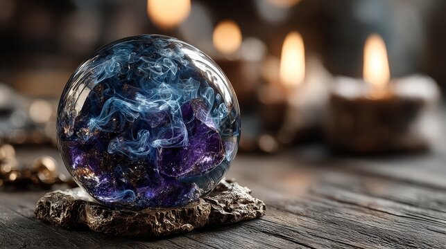photo, witch crystal ball glowing with deep violet and blue swirling mist inside, placed on dark wooden table