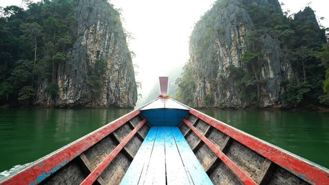 Longtail boat sailing through majestic limestone karsts and lush green jungle on serene water.