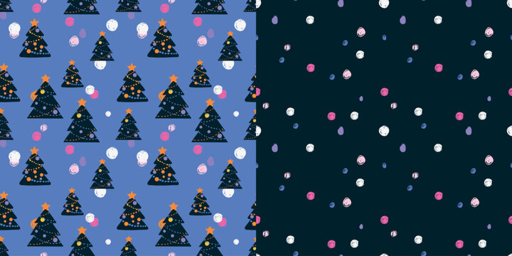 Christmas trees and toys, spots of colored pencils with hand-drawn textures for children's creativity.