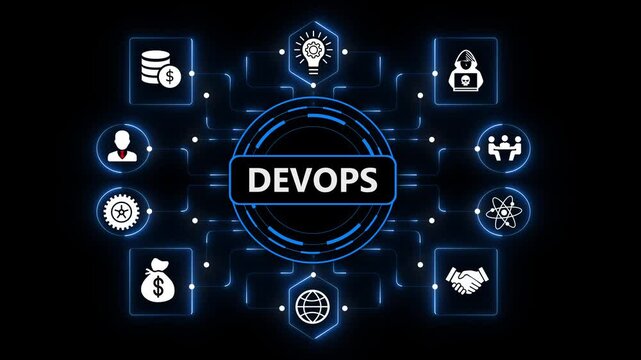 DevOps Technology Platform with Intelligent Digital Workflows and Enterprise Automation on Dark Blue Background
