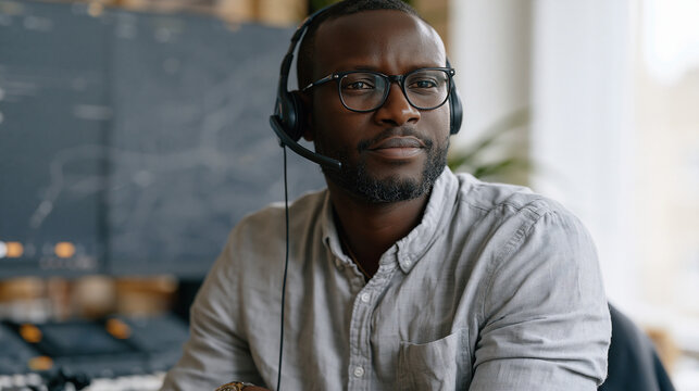 Somali-born taxi dispatcher seated at a radio console in a busy firm office, headset on, updating a dry-erase board showing driver locations across a city grid map, multiple
