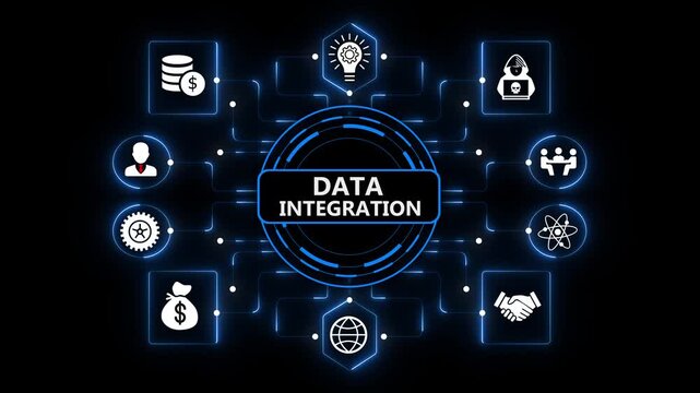 Data Integration Dashboard with Intelligent Digital Connectivity and Enterprise Analytics on Dark Blue Background